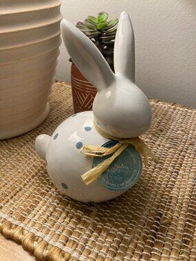 Sitting Blue White Polka Dotted Ceramic Bunny NWT